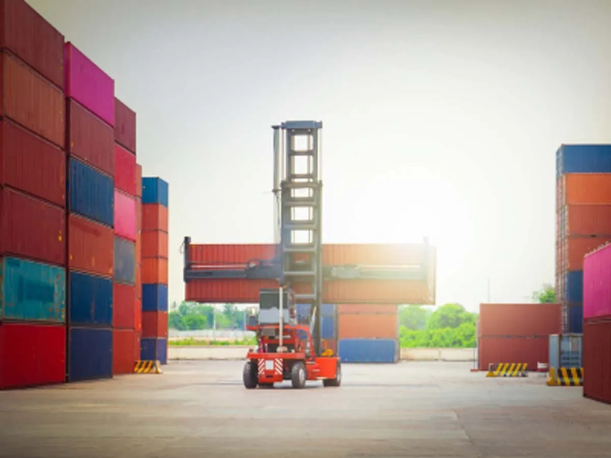 Empty container handler lifting a container between stacked rows at the depot