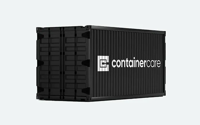 Black Container Care shipping container with white Container Care branding