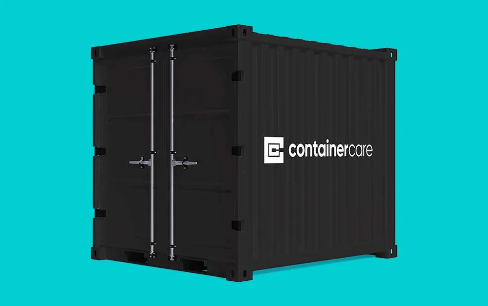 Container Care–branded black 10ft hire container on a teal studio backdrop